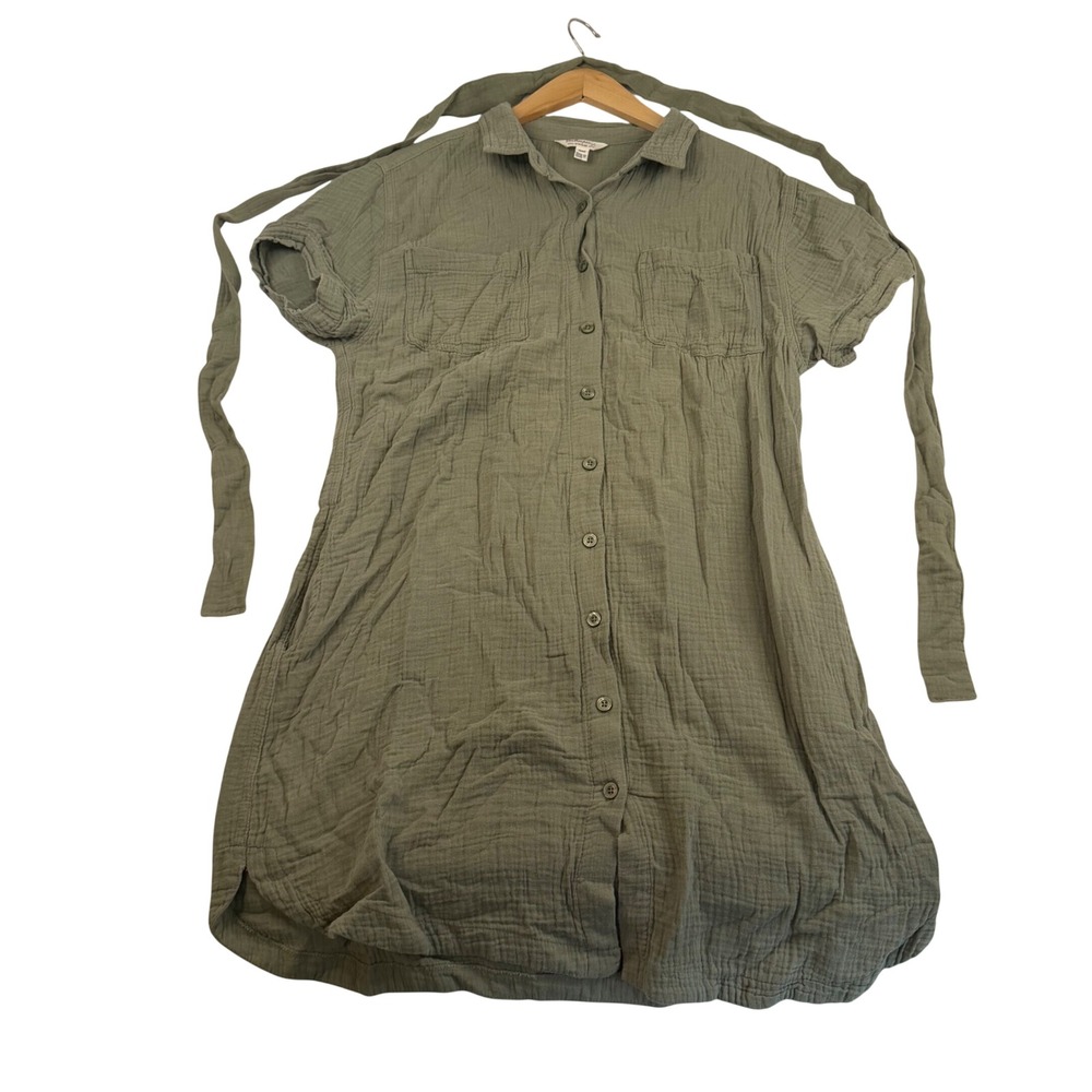 Weatherproof Vintage Olive Green Double Gauze Button Down Shirt Dress Belted M